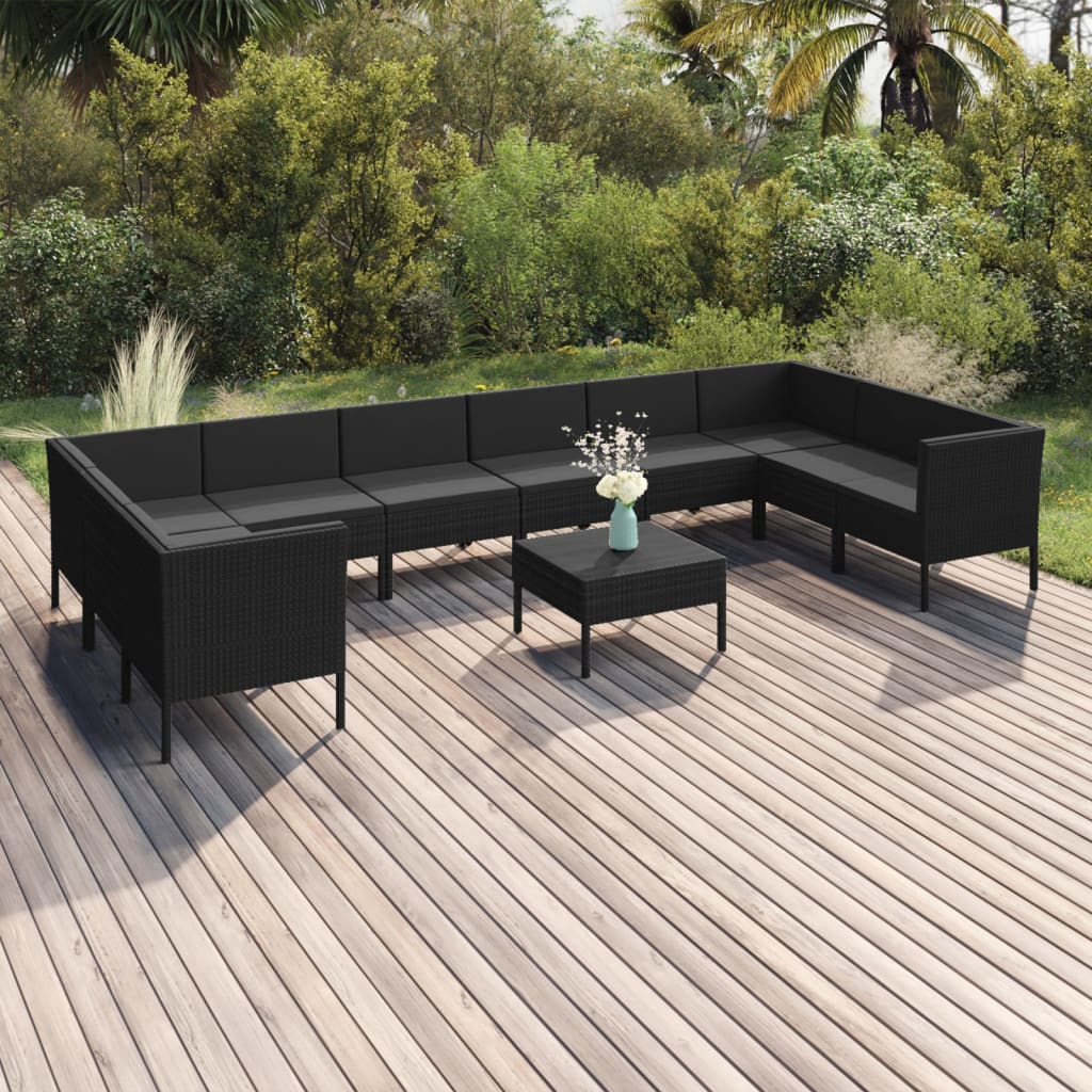 11-delige Loungeset met kussens poly rattan zwart Tuinsets | Creëer jouw Trendy Thuis | Gratis bezorgd & Retour | Trendy.nl