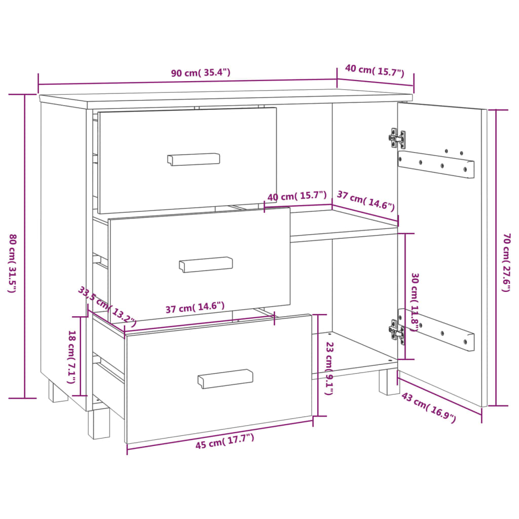 Dressoir HAMAR 90x40x80 cm massief grenenhout lichtgrijs Dressoirs & buffetkasten | Creëer jouw Trendy Thuis | Gratis bezorgd & Retour | Trendy.nl