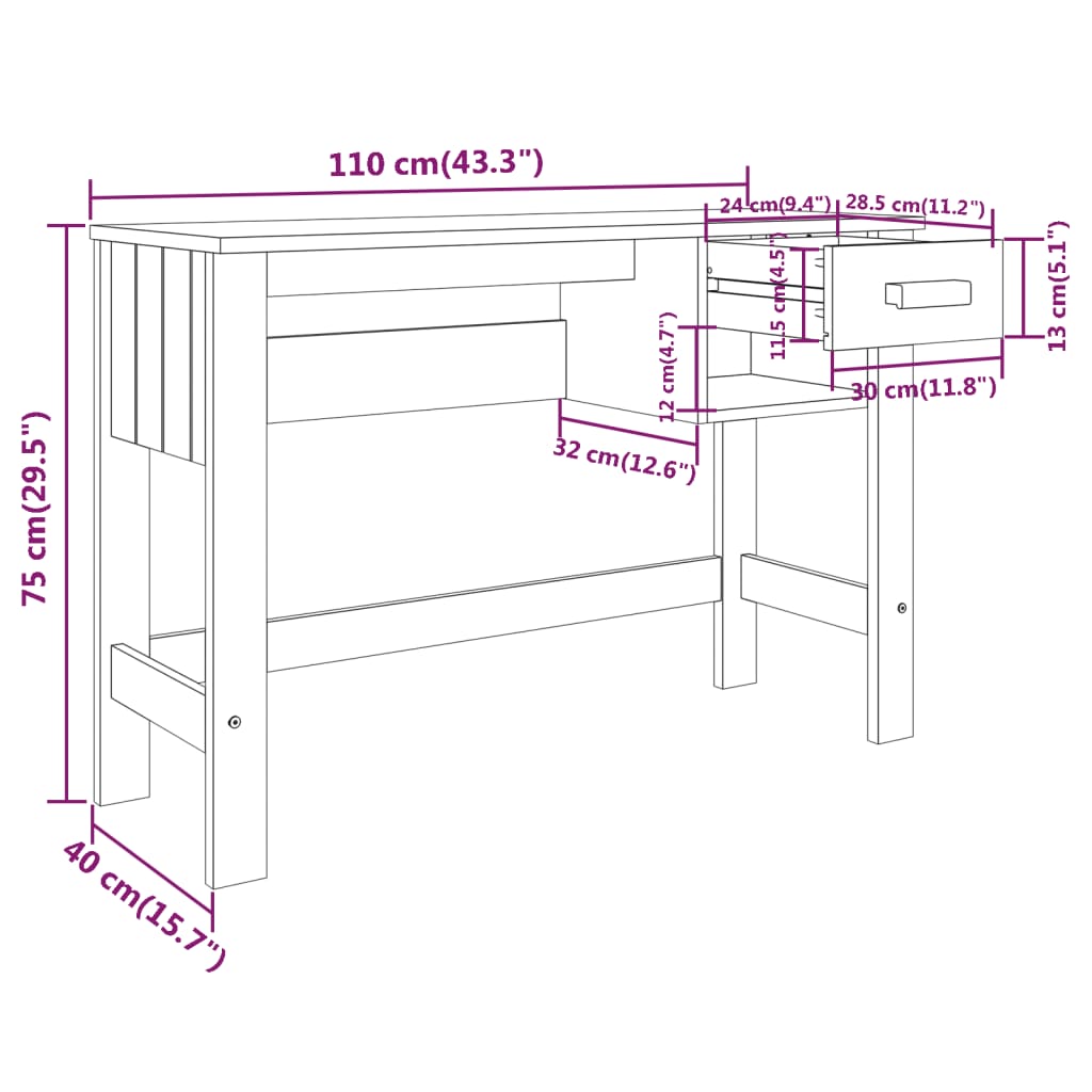 Stijlvol Bureau HAMAR van massief grenenhout in honingbruine kleur - 110x40x75 cm Bureaus | Creëer jouw Trendy Thuis | Gratis bezorgd & Retour | Trendy.nl