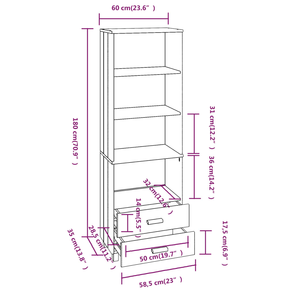 Hoge kast HAMAR 60x35x180 cm massief grenenhout honingbruin Dressoirs & buffetkasten | Creëer jouw Trendy Thuis | Gratis bezorgd & Retour | Trendy.nl