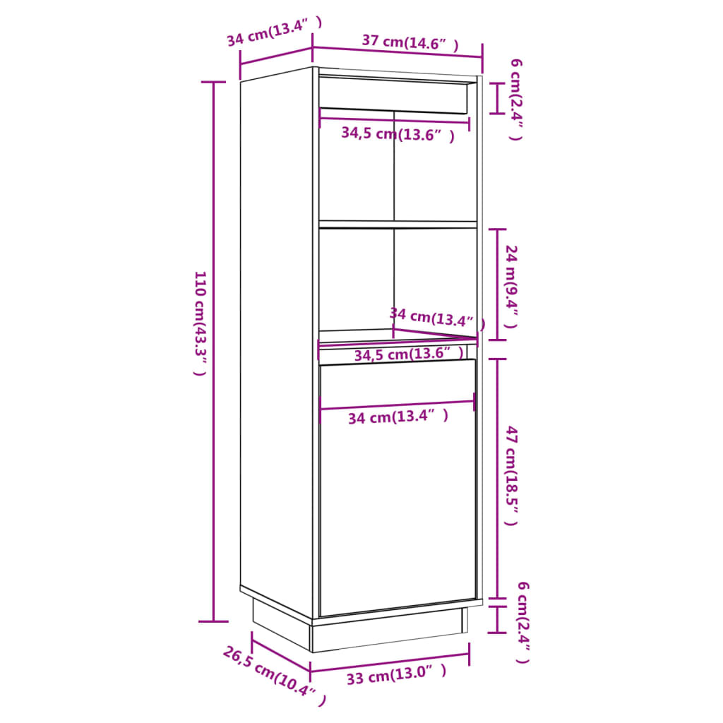 Hoge kast 37x34x110 cm massief grenenhout wit Dressoirs & buffetkasten | Creëer jouw Trendy Thuis | Gratis bezorgd & Retour | Trendy.nl