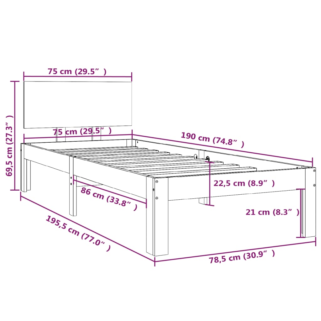 Bedframe massief hout wit 75x190 cm