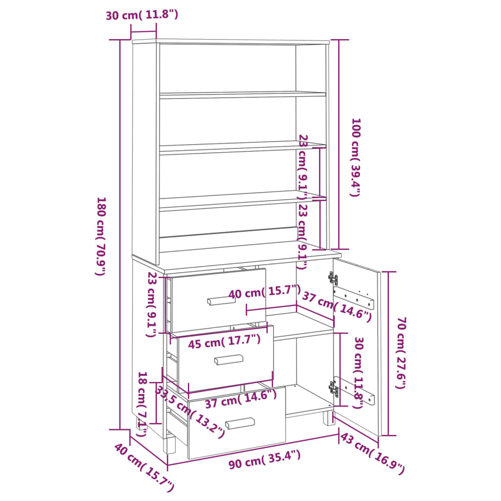 Hoge kast HAMAR massief grenenhout donkergrijs Dressoirs & buffetkasten | Creëer jouw Trendy Thuis | Gratis bezorgd & Retour | Trendy.nl