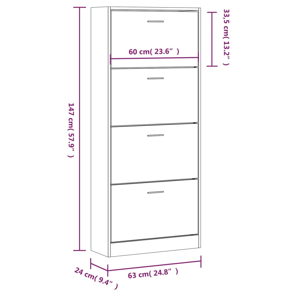 Schoenenkast 63x24x147 cm bewerkt hout hoogglans wit