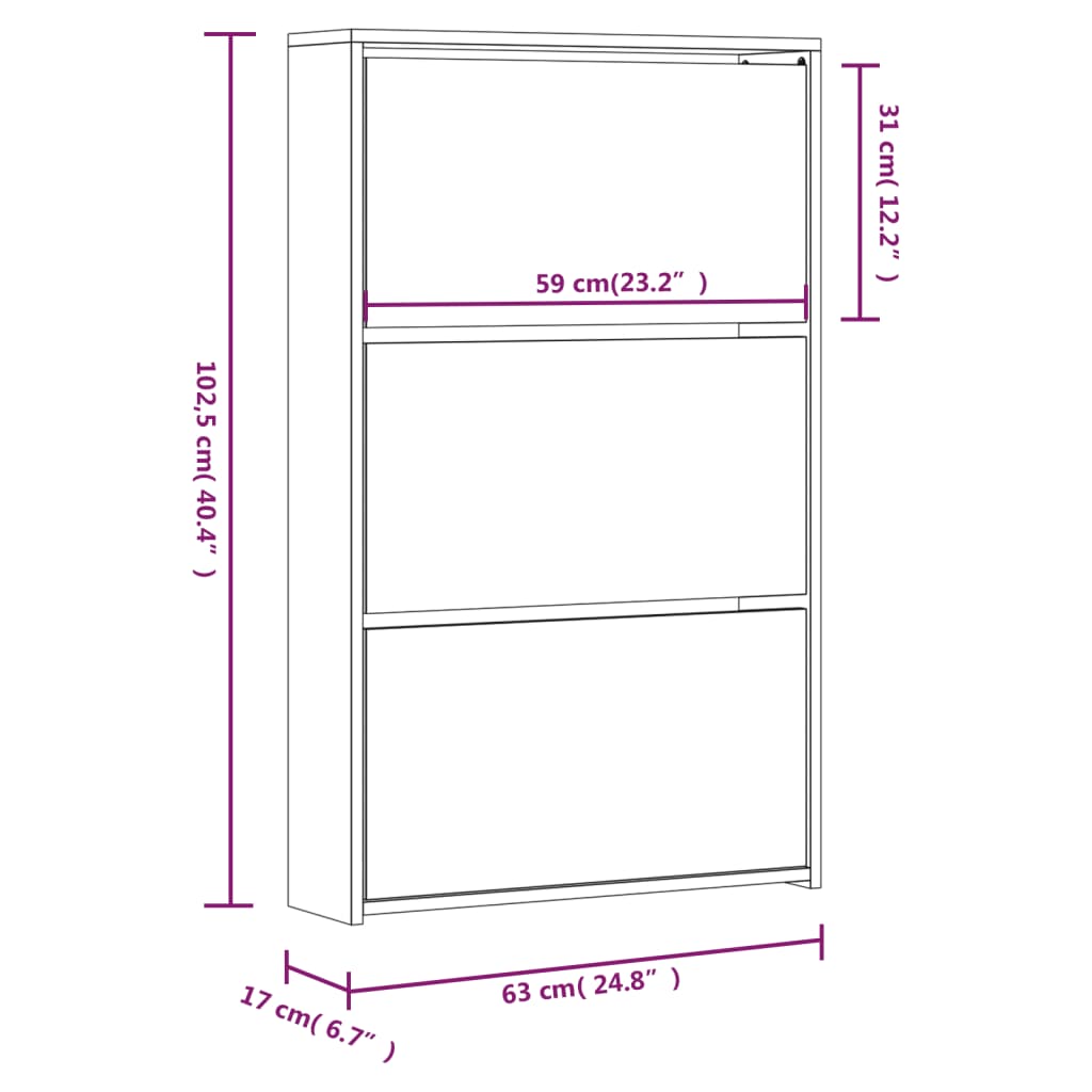 Schoenenkast met spiegel 3-laags 63x17x102,5 cm hoogglans wit