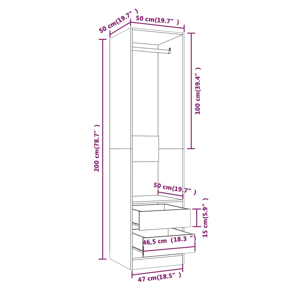 Kledingkast met lades 50x50x200 cm bewerkt hout gerookt eiken Kledingkasten | Creëer jouw Trendy Thuis | Gratis bezorgd & Retour | Trendy.nl