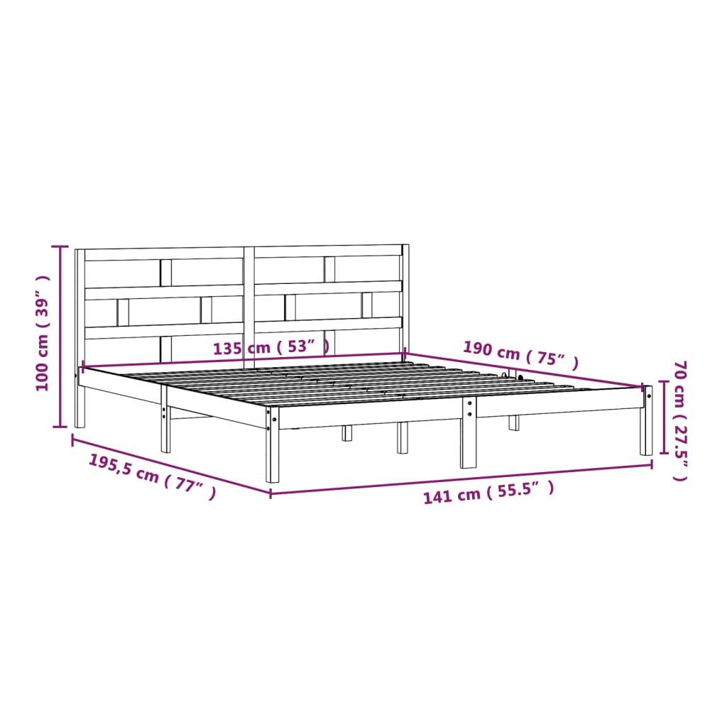 Bedframe massief hout wit 135x190 cm