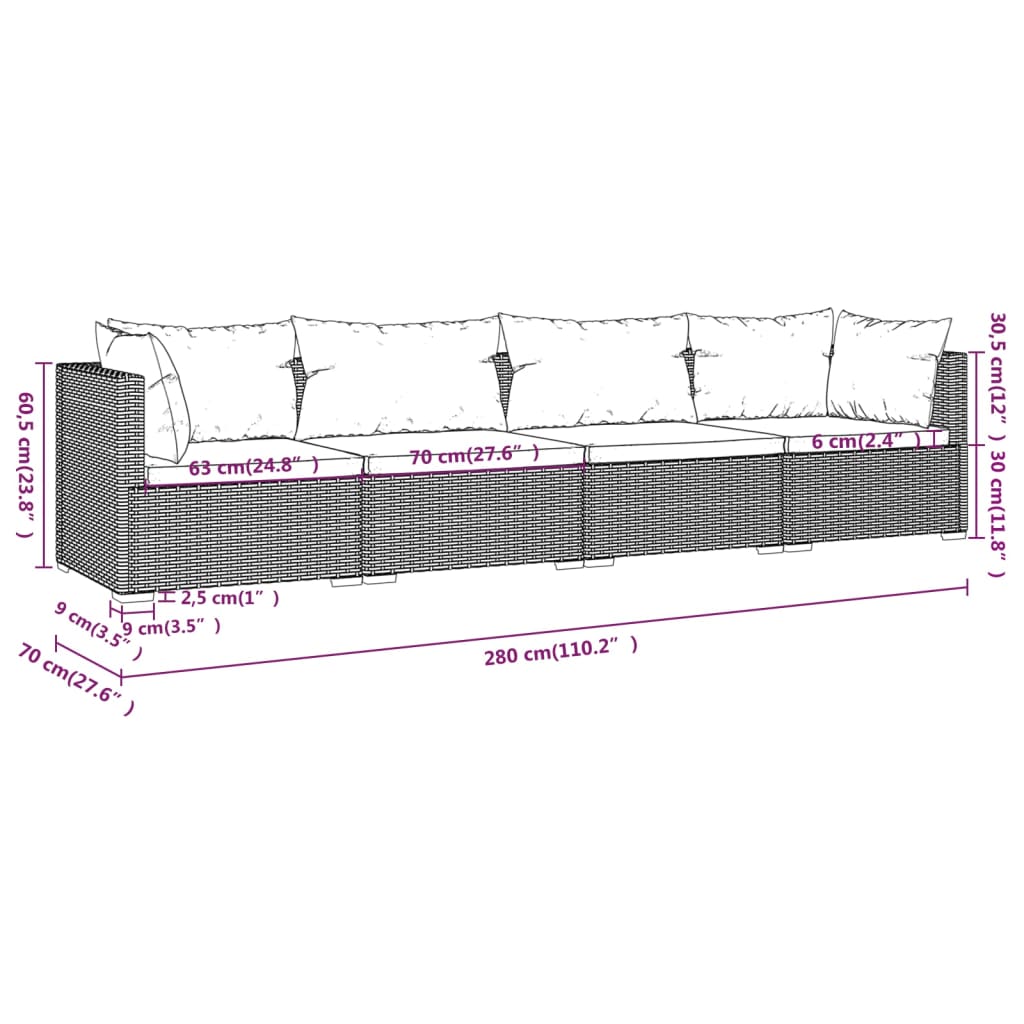 4-delige Loungeset met kussens poly rattan zwart Tuinsets | Creëer jouw Trendy Thuis | Gratis bezorgd & Retour | Trendy.nl