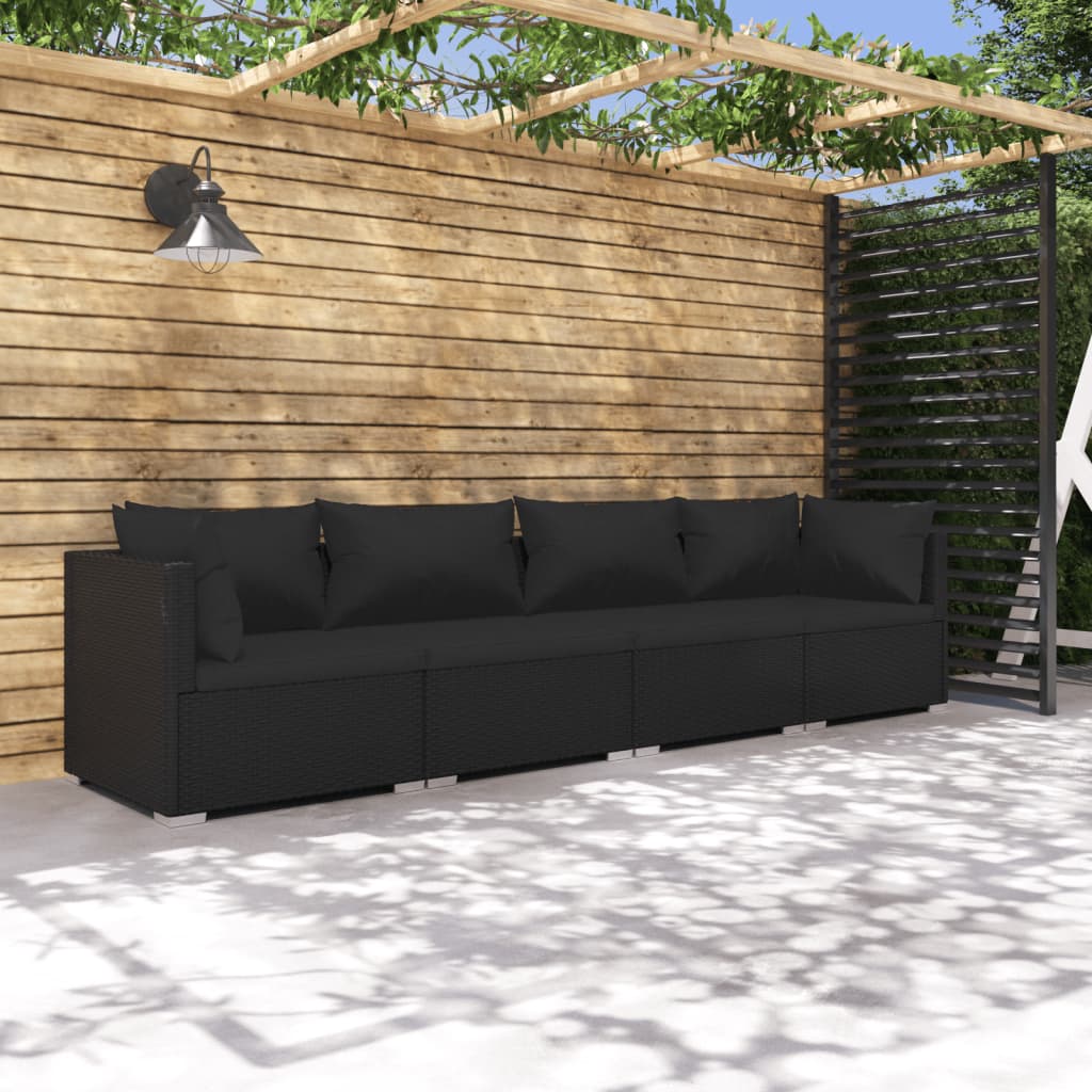 4-delige Loungeset met kussens poly rattan zwart Tuinsets | Creëer jouw Trendy Thuis | Gratis bezorgd & Retour | Trendy.nl