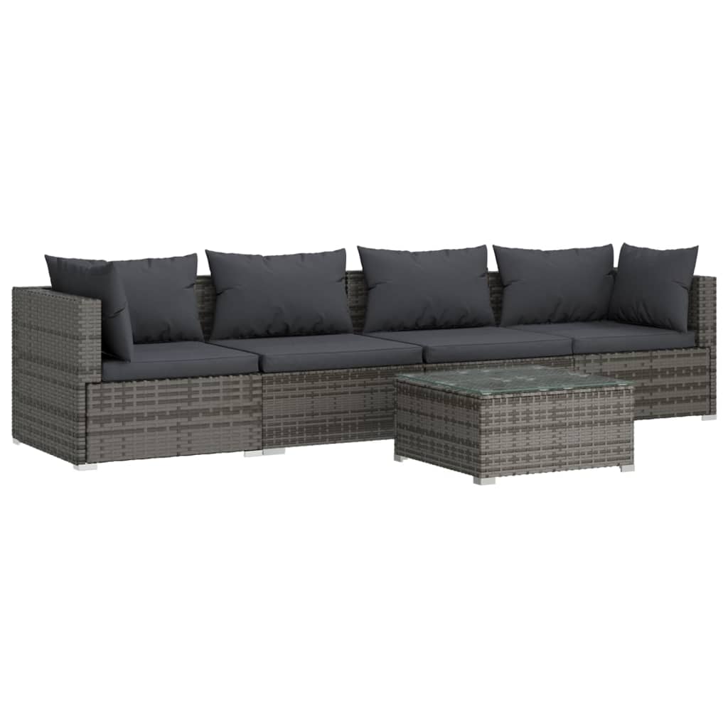 5-delige Loungeset met kussens poly rattan grijs Tuinsets | Creëer jouw Trendy Thuis | Gratis bezorgd & Retour | Trendy.nl