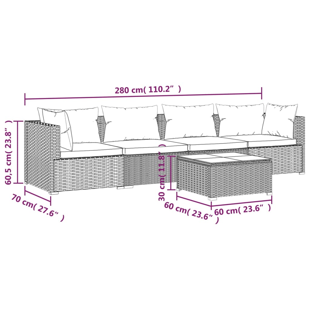 5-delige Loungeset met kussens poly rattan grijs Tuinsets | Creëer jouw Trendy Thuis | Gratis bezorgd & Retour | Trendy.nl