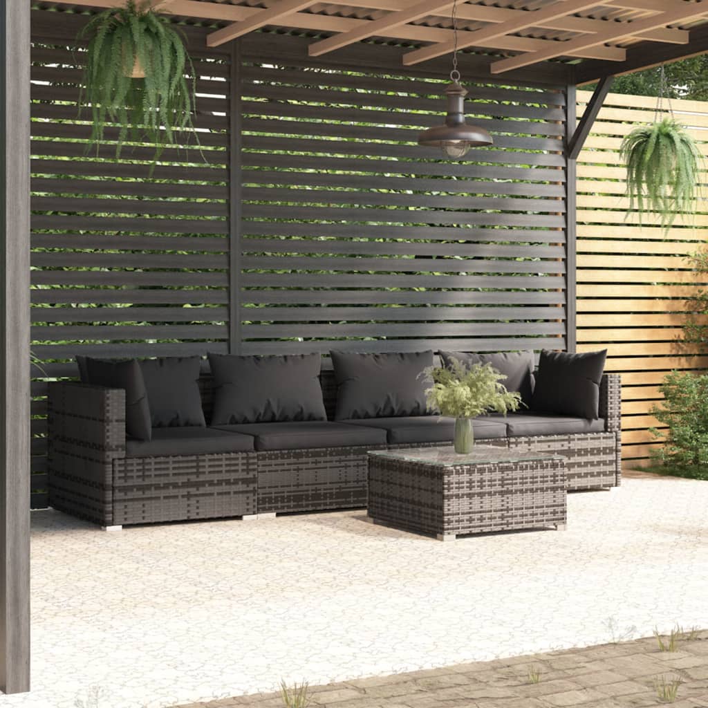 5-delige Loungeset met kussens poly rattan grijs Tuinsets | Creëer jouw Trendy Thuis | Gratis bezorgd & Retour | Trendy.nl