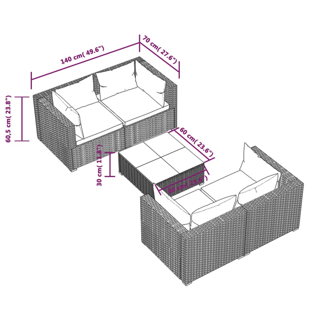 5-delige Loungeset met kussens poly rattan zwart Tuinsets | Creëer jouw Trendy Thuis | Gratis bezorgd & Retour | Trendy.nl