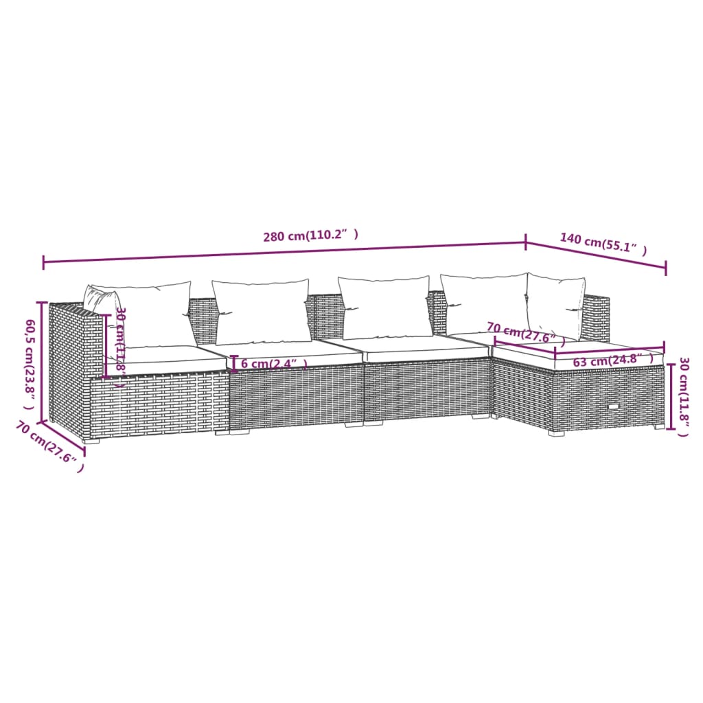 5-delige Loungeset met kussens poly rattan grijs Tuinsets | Creëer jouw Trendy Thuis | Gratis bezorgd & Retour | Trendy.nl