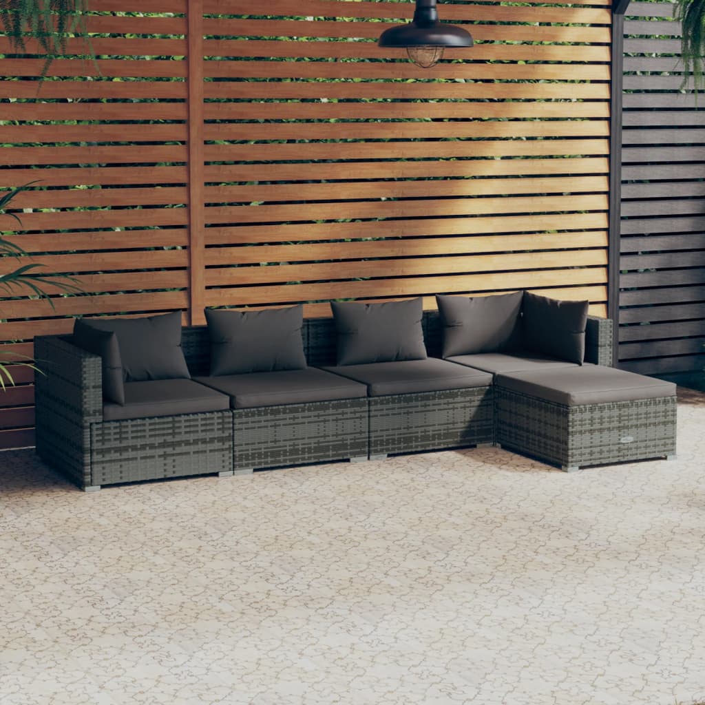 5-delige Loungeset met kussens poly rattan grijs Tuinsets | Creëer jouw Trendy Thuis | Gratis bezorgd & Retour | Trendy.nl