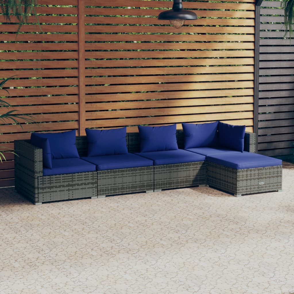 5-delige Loungeset met kussens poly rattan grijs Tuinsets | Creëer jouw Trendy Thuis | Gratis bezorgd & Retour | Trendy.nl