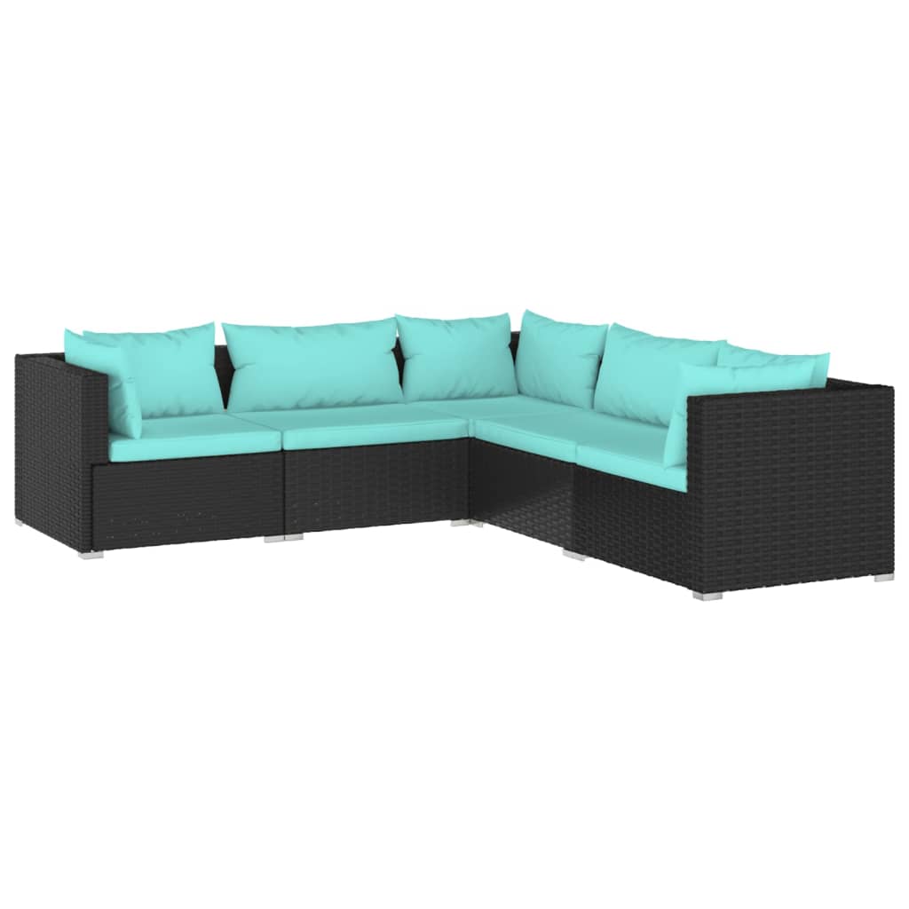 5-delige Loungeset met kussens poly rattan zwart Tuinsets | Creëer jouw Trendy Thuis | Gratis bezorgd & Retour | Trendy.nl