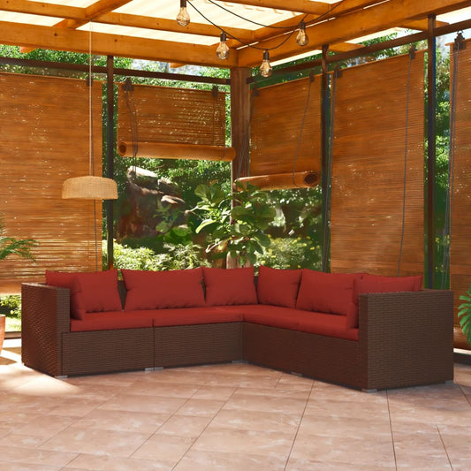 5-delige Loungeset met kussens poly rattan bruin