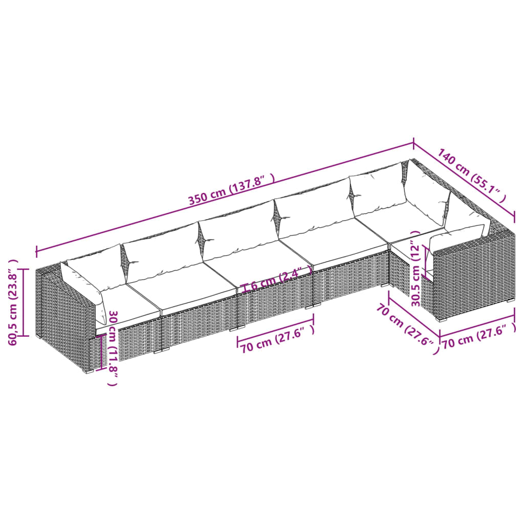 6-delige Loungeset met kussens poly rattan grijs