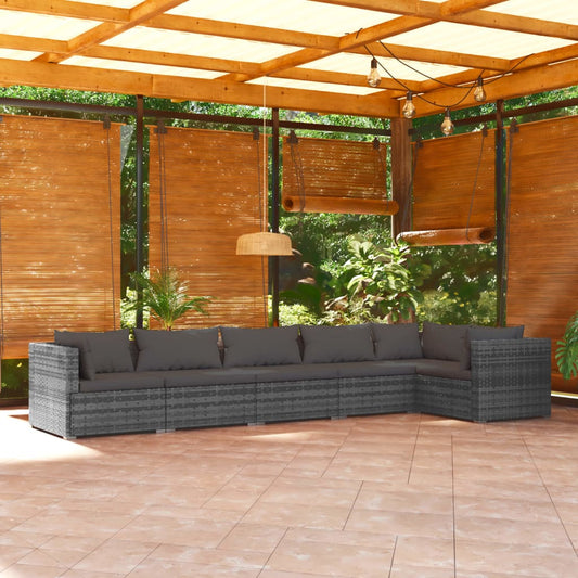 6-delige Loungeset met kussens poly rattan grijs