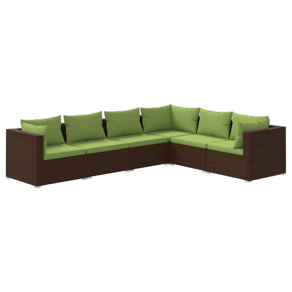 6-delige Loungeset met kussens poly rattan bruin