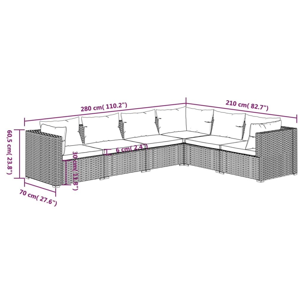 6-delige Loungeset met kussens poly rattan bruin