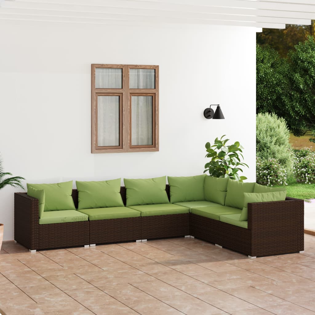 6-delige Loungeset met kussens poly rattan bruin