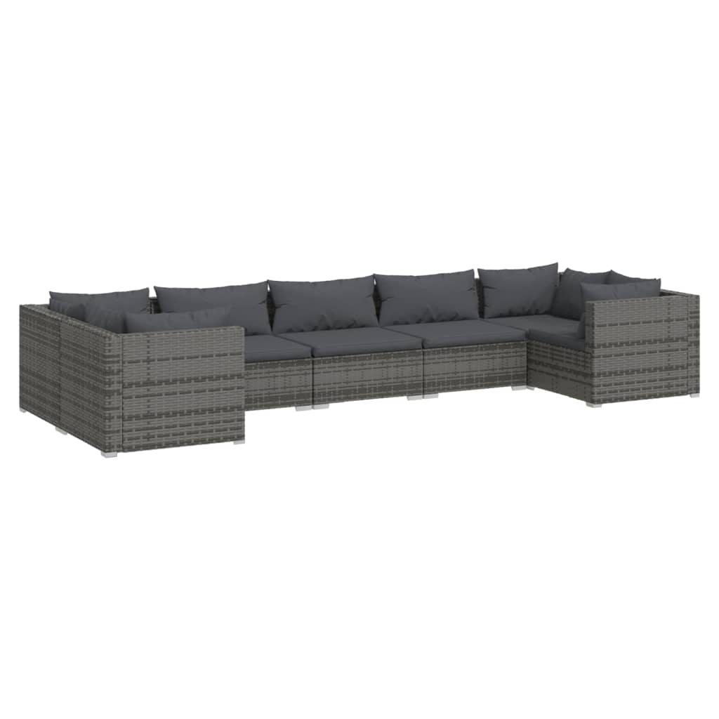 7-delige Loungeset met kussens poly rattan grijs