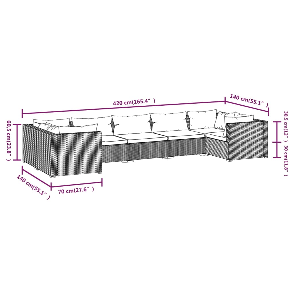 7-delige Loungeset met kussens poly rattan grijs