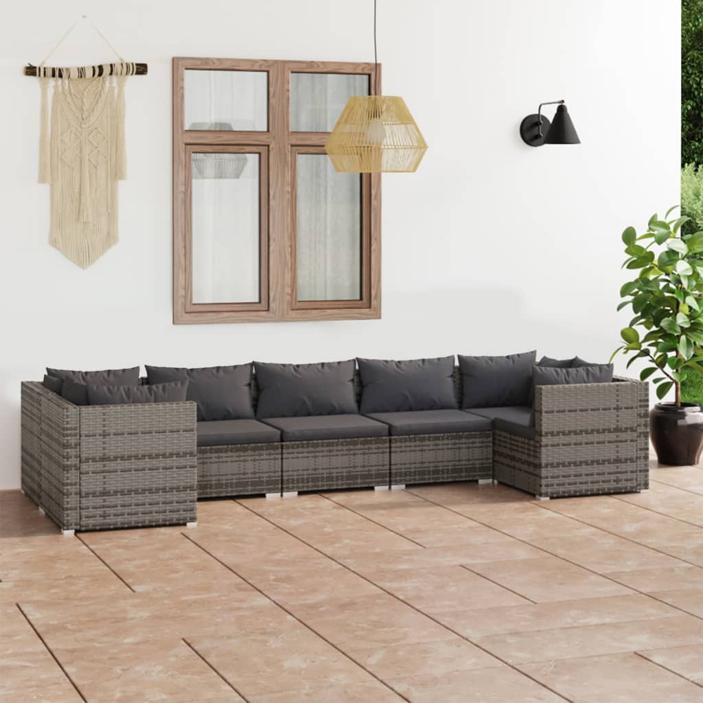 7-delige Loungeset met kussens poly rattan grijs