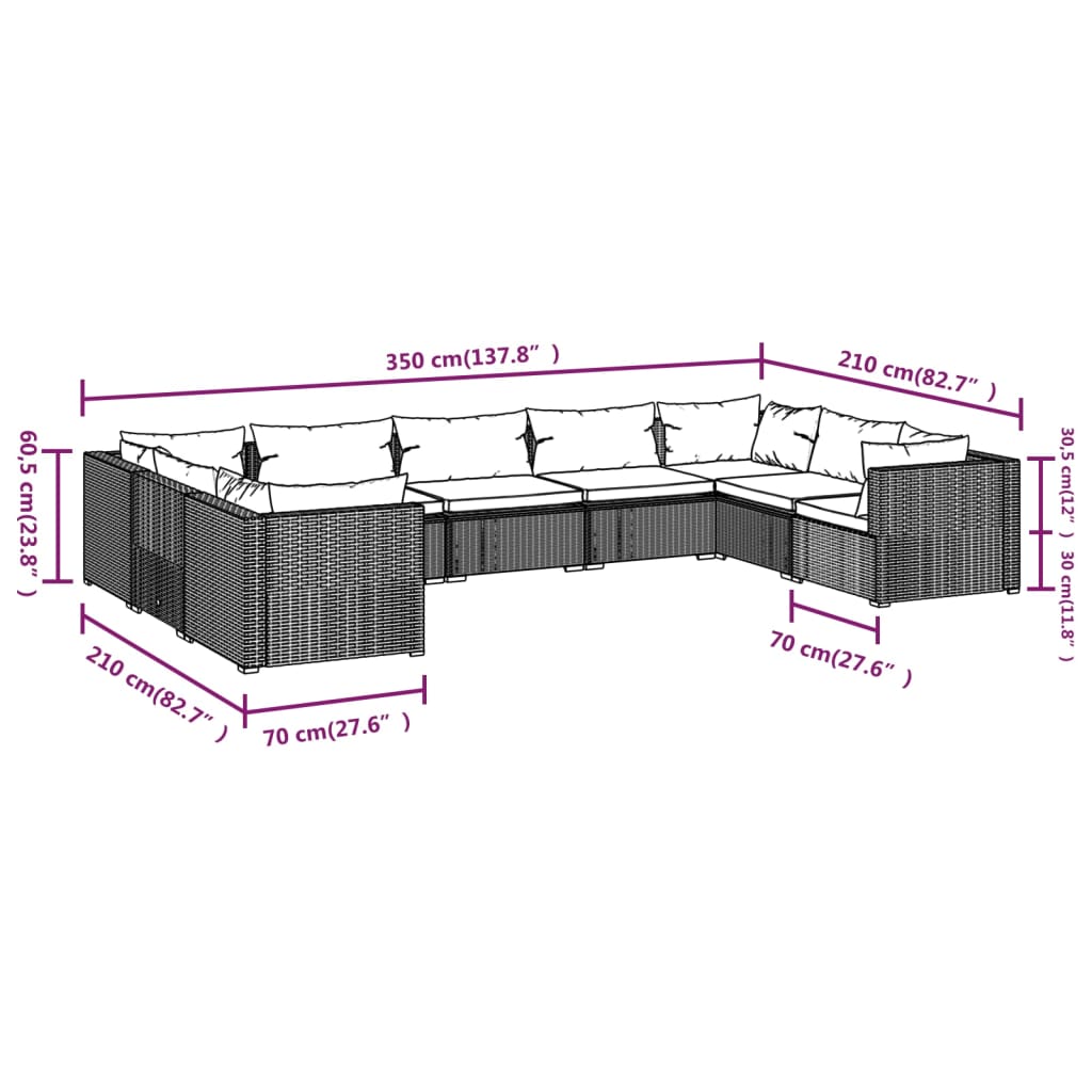 9-delige Loungeset met kussens poly rattan grijs