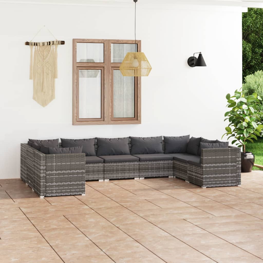 9-delige Loungeset met kussens poly rattan grijs