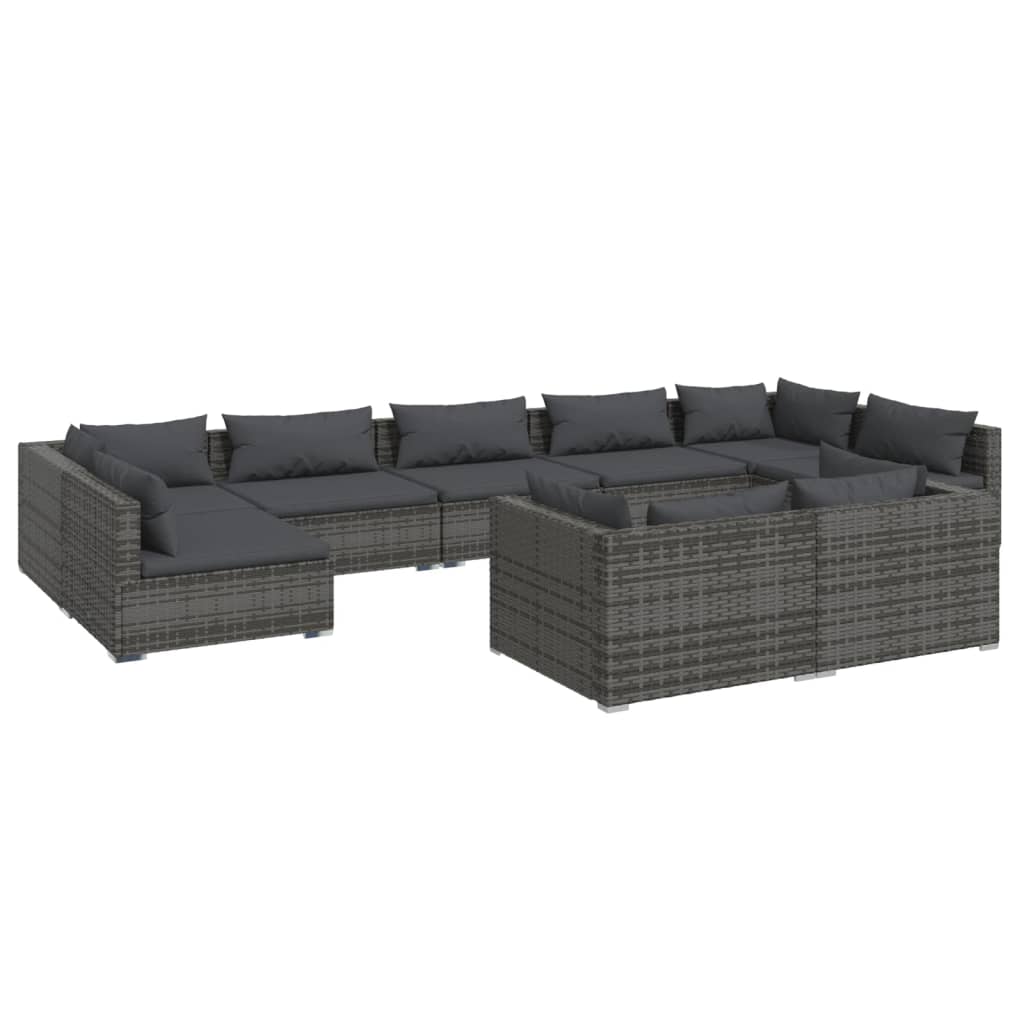 9-delige Loungeset met kussens poly rattan grijs