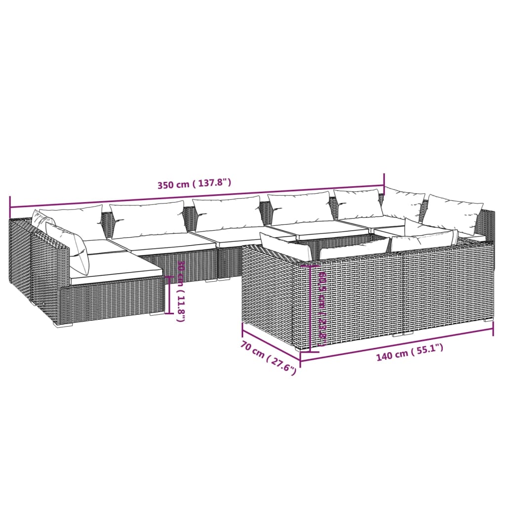 9-delige Loungeset met kussens poly rattan grijs