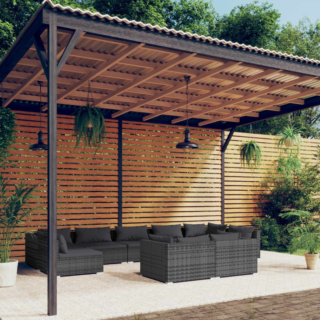 9-delige Loungeset met kussens poly rattan grijs