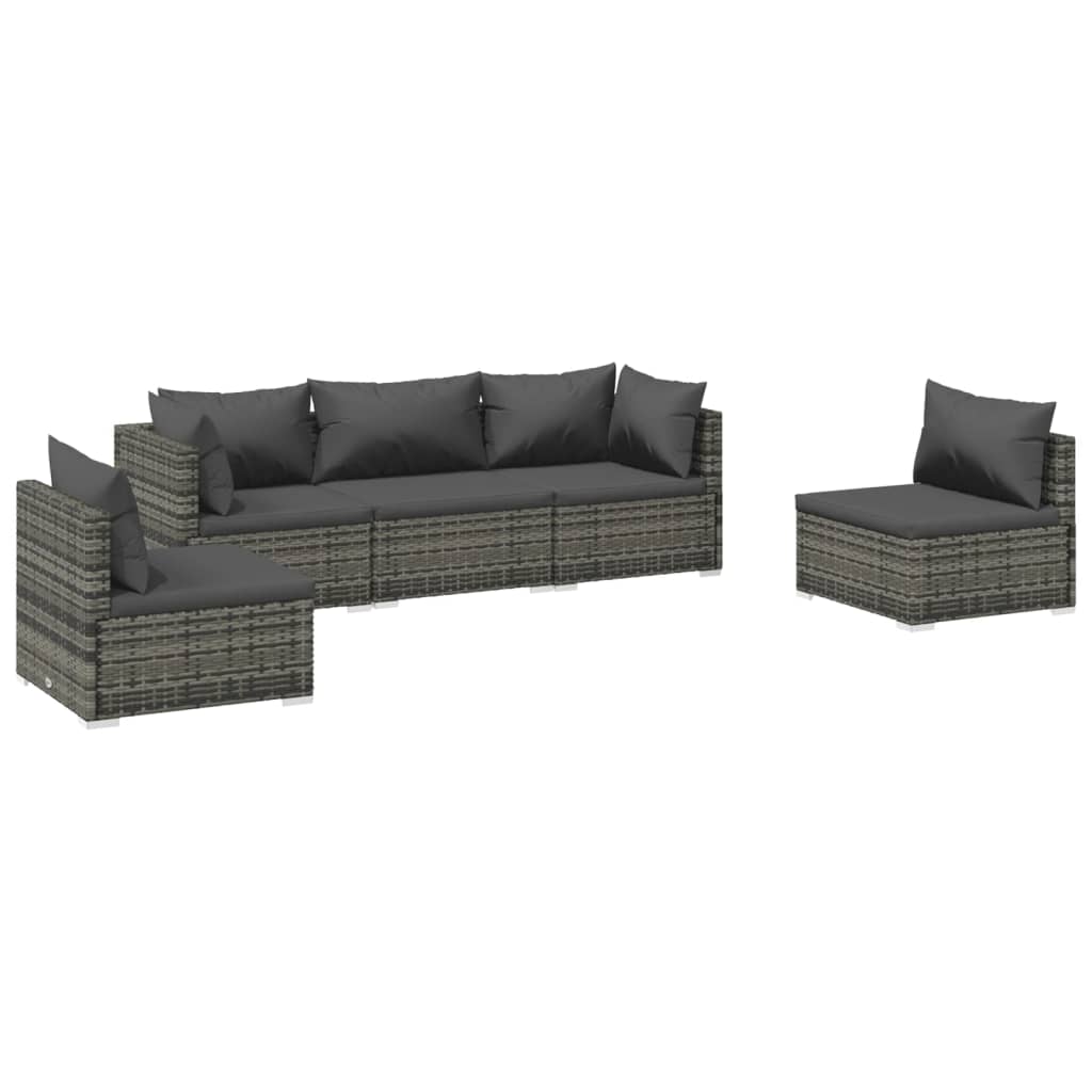 5-delige Loungeset met kussens poly rattan grijs