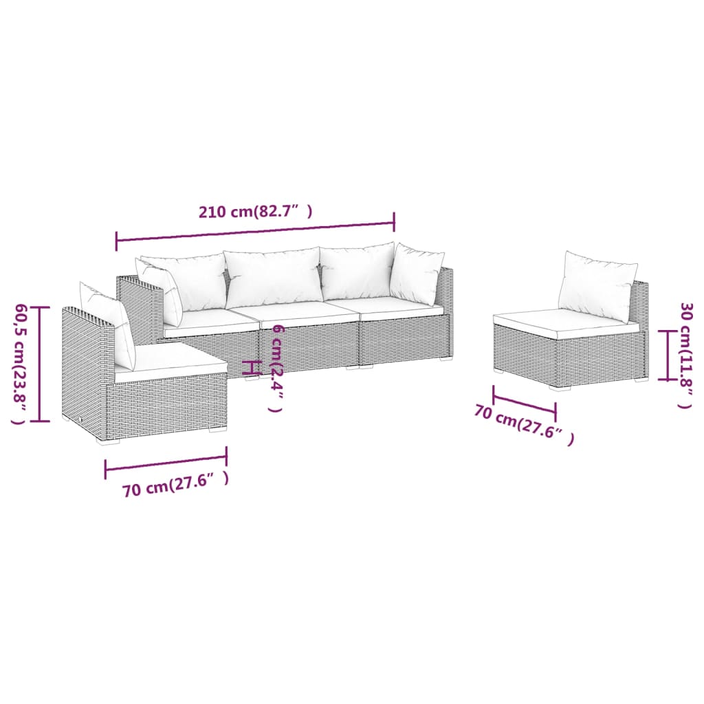 5-delige Loungeset met kussens poly rattan grijs