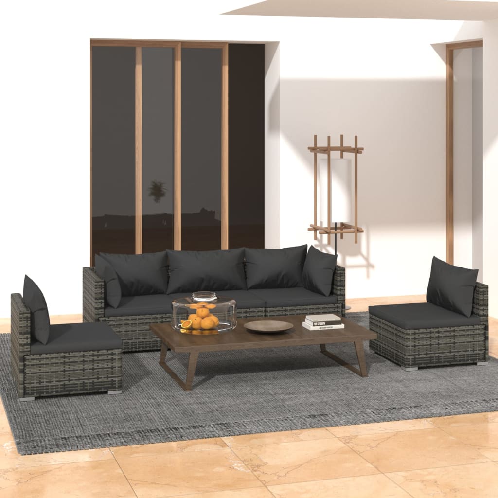 5-delige Loungeset met kussens poly rattan grijs