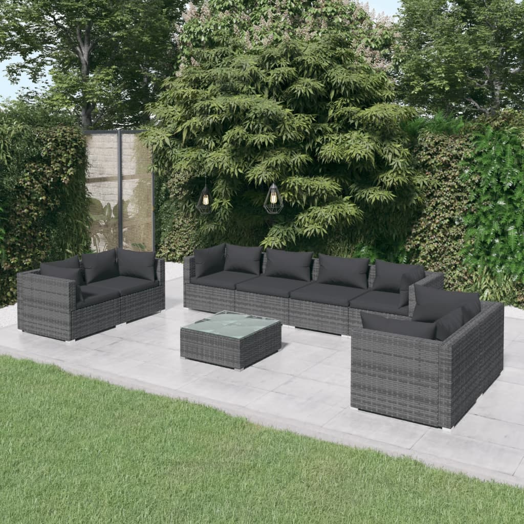 9-delige Loungeset met kussens poly rattan grijs Tuinsets | Creëer jouw Trendy Thuis | Gratis bezorgd & Retour | Trendy.nl