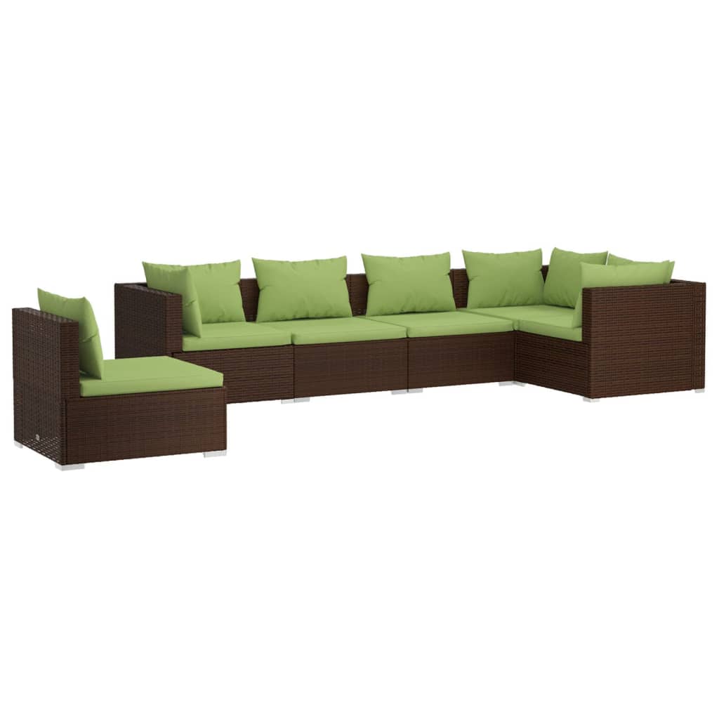 6-delige Loungeset met kussens poly rattan bruin