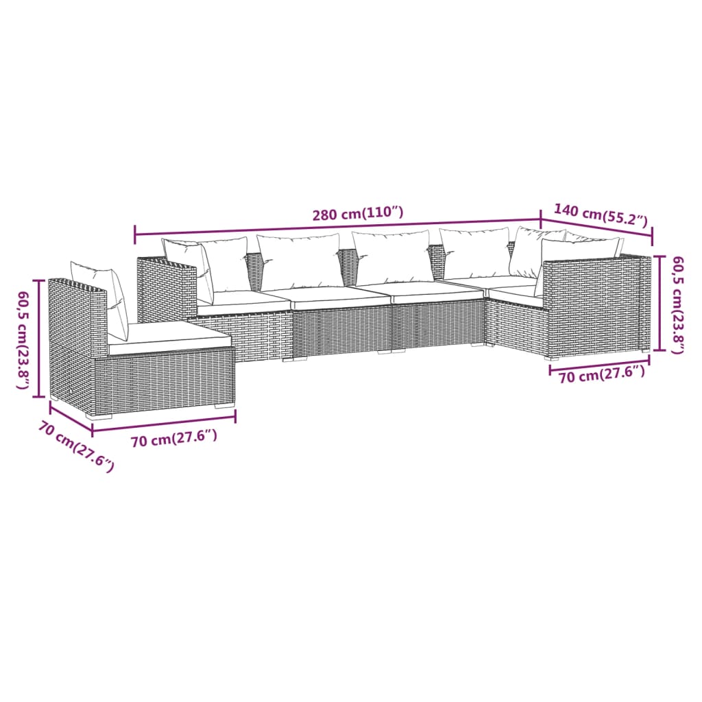 6-delige Loungeset met kussens poly rattan bruin