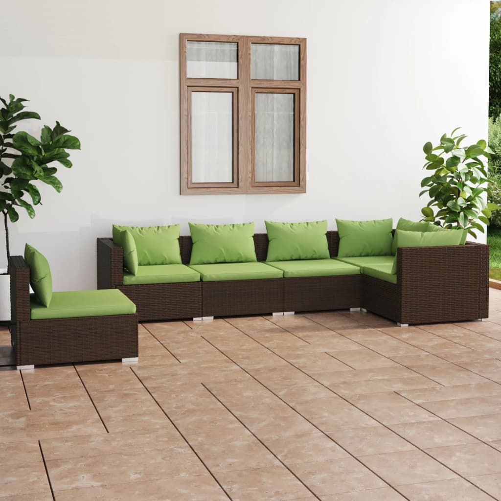 6-delige Loungeset met kussens poly rattan bruin