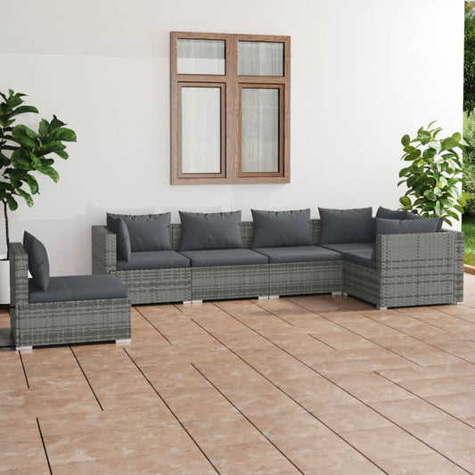 6-delige Loungeset met kussens poly rattan grijs