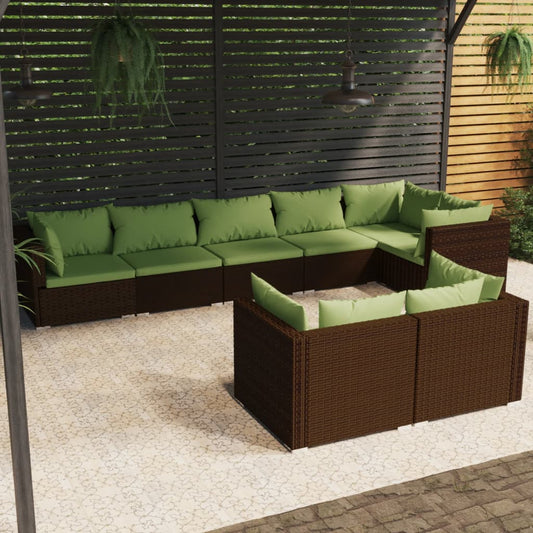 8-delige Loungeset met kussens poly rattan bruin