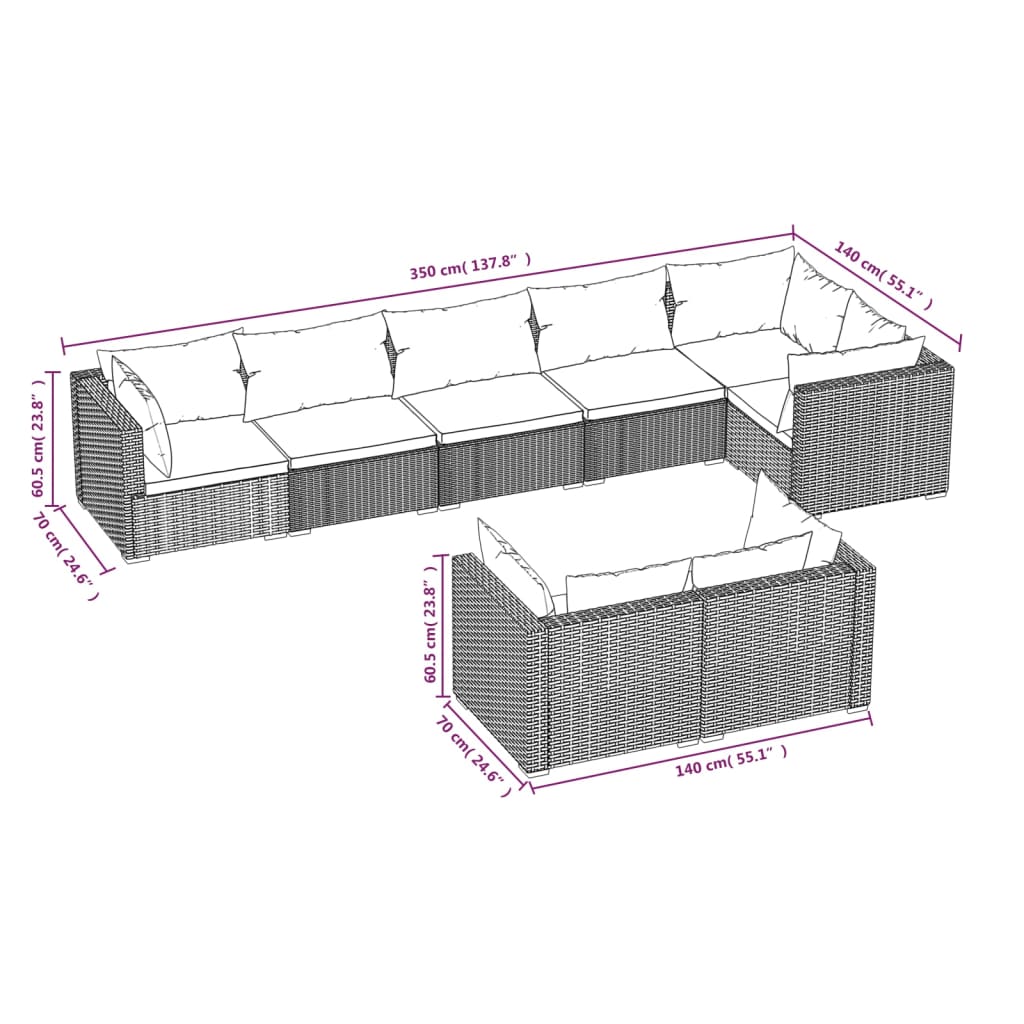 8-delige Loungeset met kussens poly rattan grijs