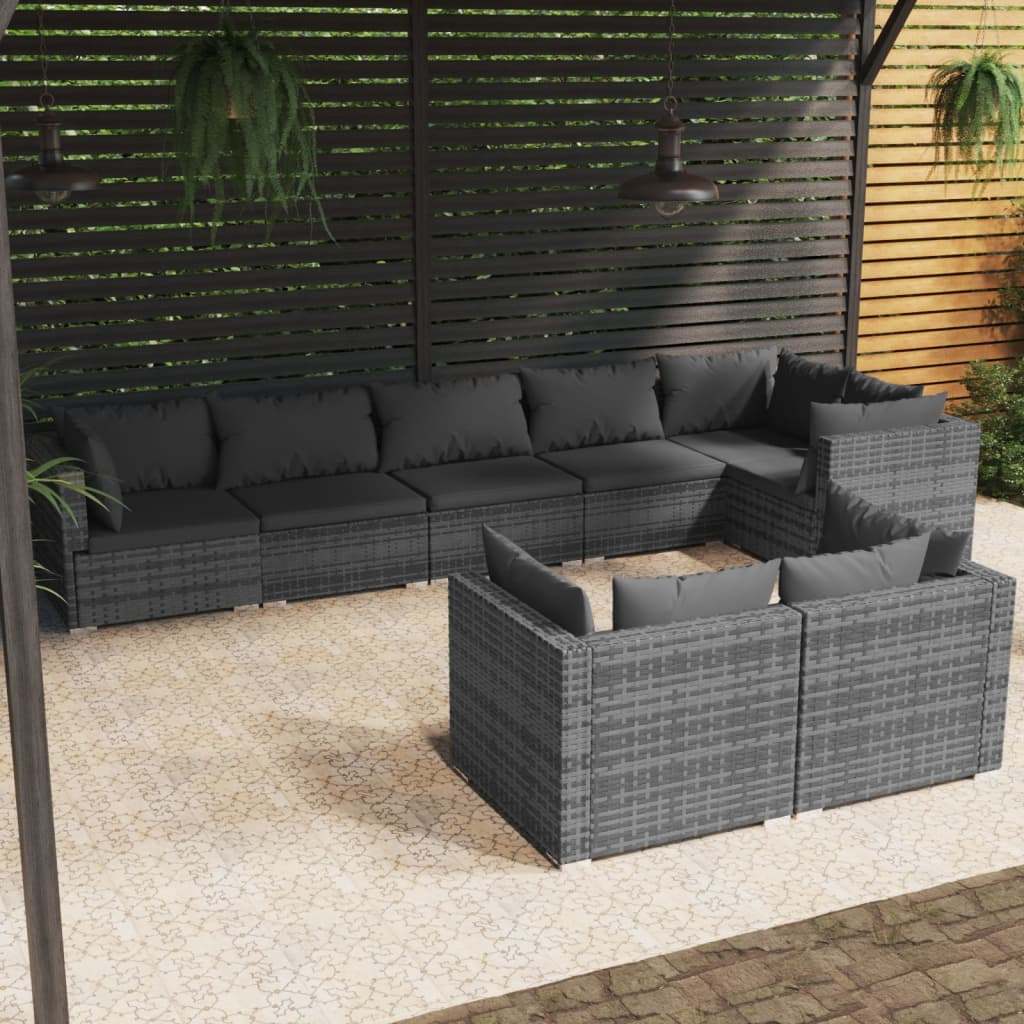 8-delige Loungeset met kussens poly rattan grijs