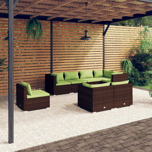 8-delige Loungeset met kussens poly rattan bruin