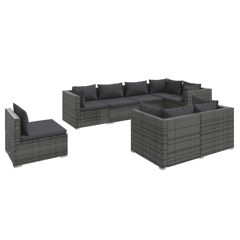 8-delige Loungeset met kussens poly rattan grijs