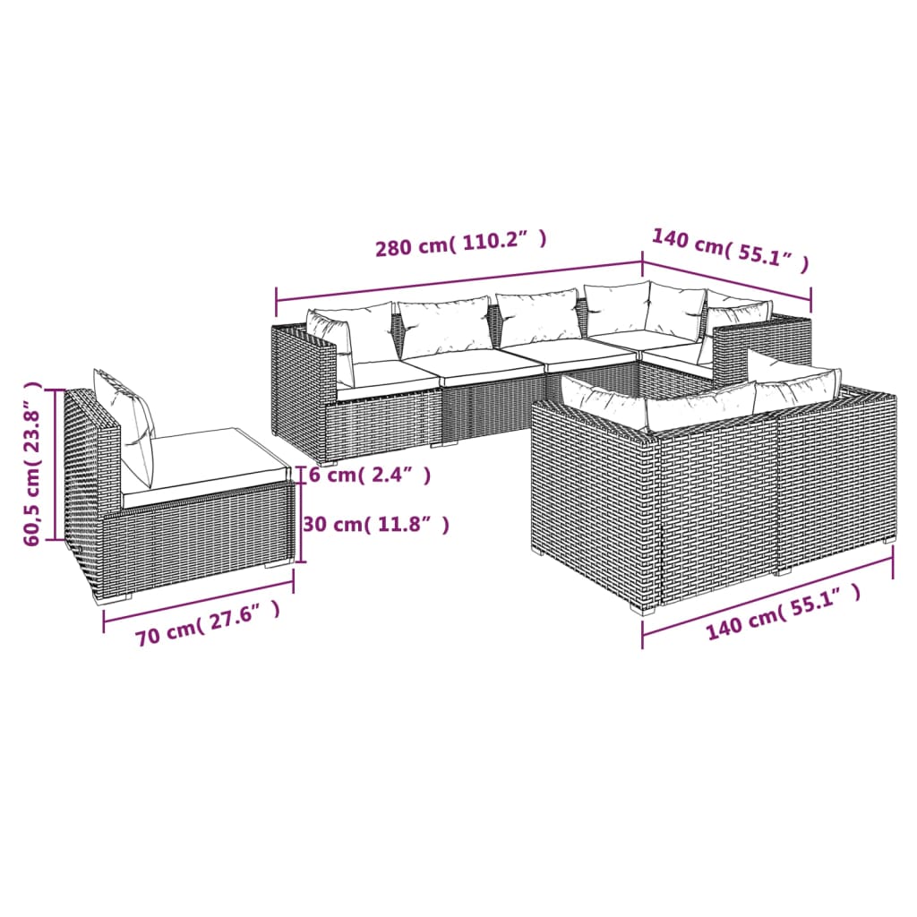 8-delige Loungeset met kussens poly rattan grijs