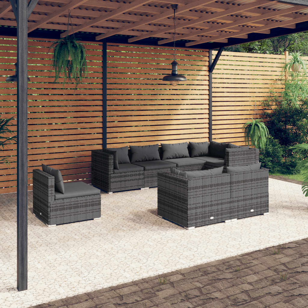 8-delige Loungeset met kussens poly rattan grijs